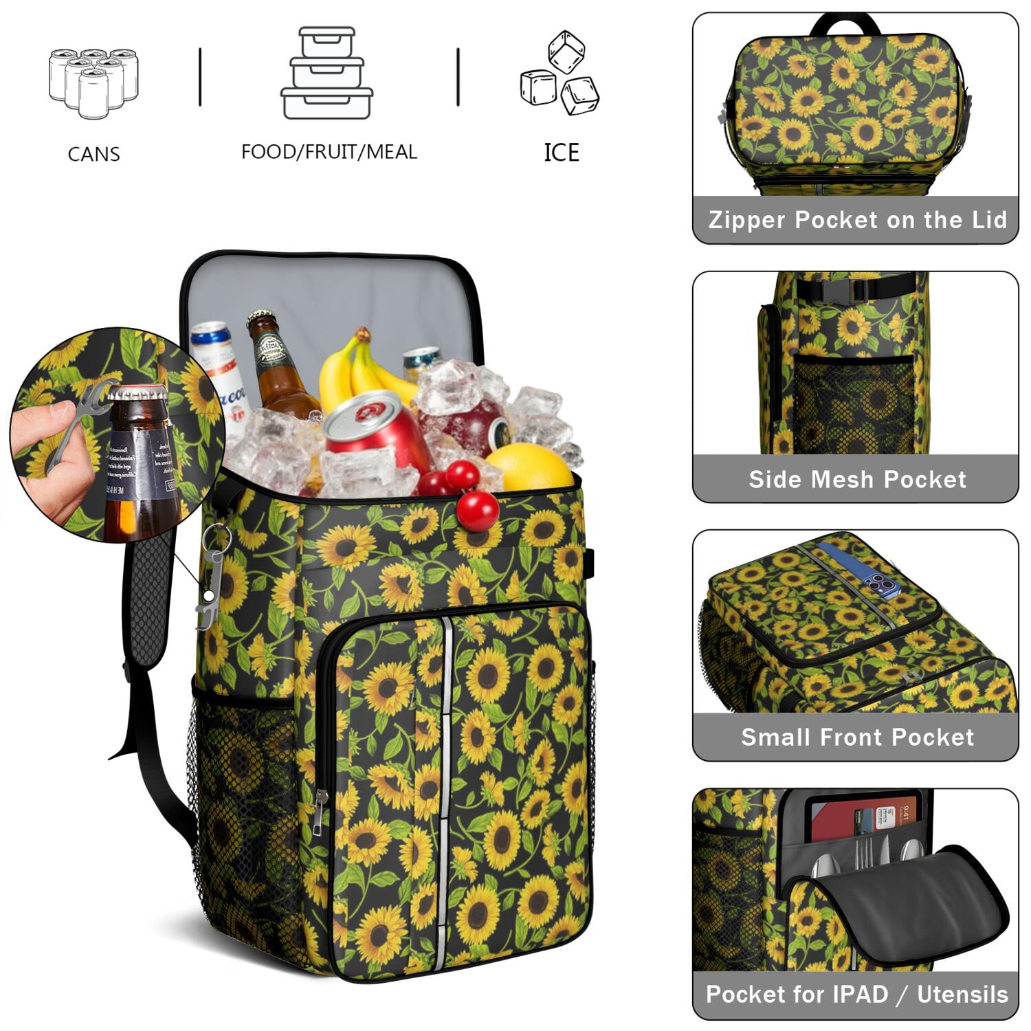 Travel Cooler Bag - Black Sunflower Camping Beer Cooler Backpack with Bottle Opener- Waterproof Insulated Picnic Backpacks - Cooler Bag for Beach