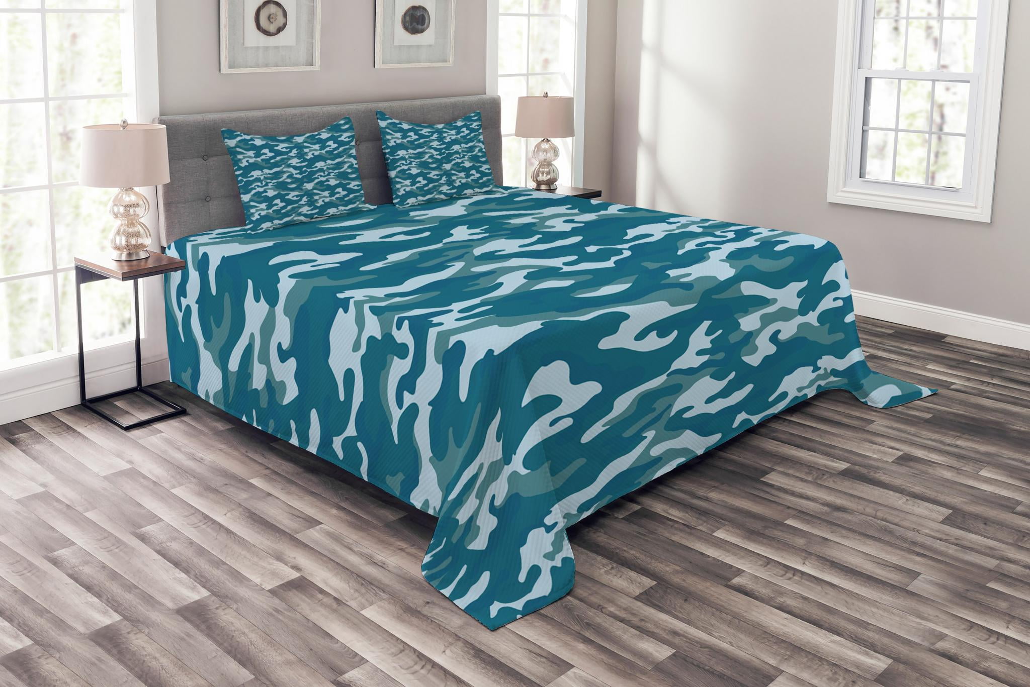Camo Bedspread Set King Size, Camouflage Theme in Oceanic Colors Sea Water Inspired Illustration