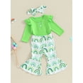 thumbnail image 3 of FEORJGP Infant Baby Girls Irish Day Outfits Newborn Long Sleeve Romper Crew Neck Jumpsuit Solid Color Bodysuit + Rainbow Flare Pants + Headband Set Kids Loose Casual Clothes, 3 of 9