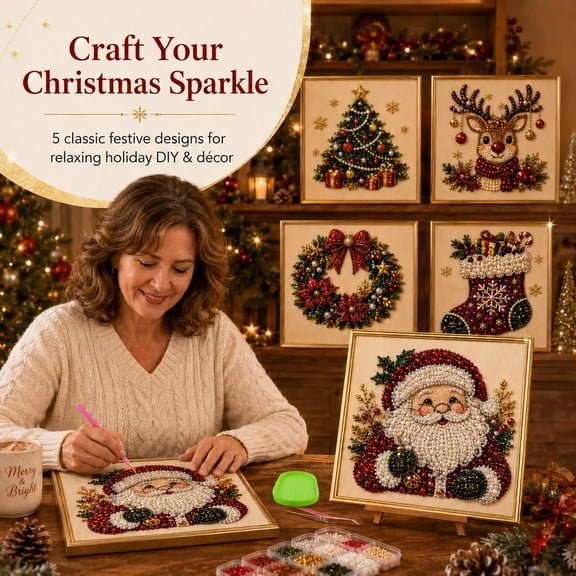 DIY Christmas Bead Art Kit with Canvas and Color-Coded Pearl Beads for Beginner Crafters and Holiday Wall Decor