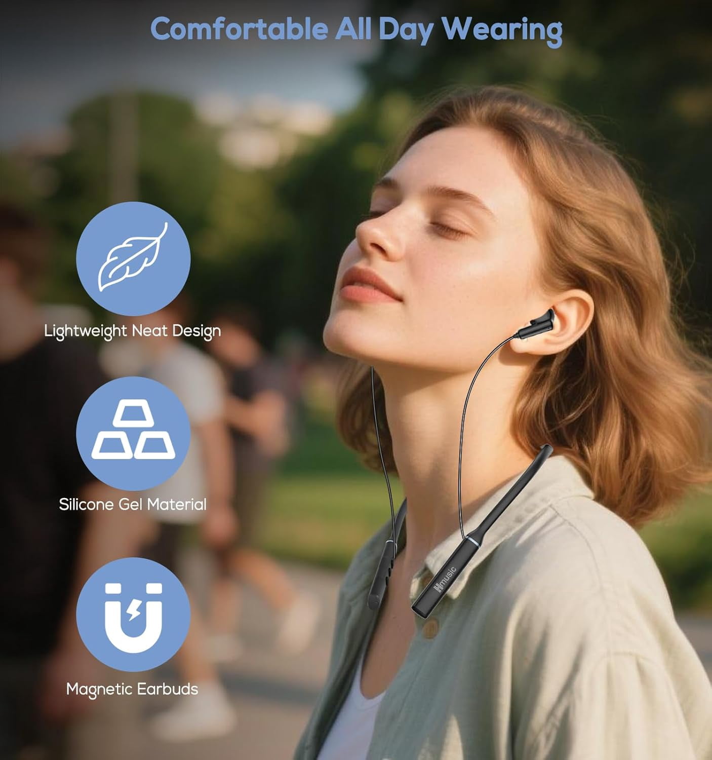 Hmusic Magnetic Neckband Earphones, 35H Type-C Plug & Charge, HD Stereo Sound w/ 3 EQ Modes, All-Day Comfort Wireless Sports Earbuds - Plating Grey