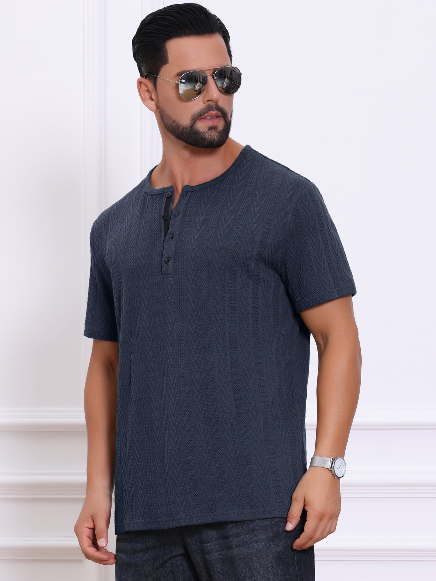 DARING DIVA Men's Henley Short Sleeve Button Down Jacquard Knitted T-Shirt S Dark Blue