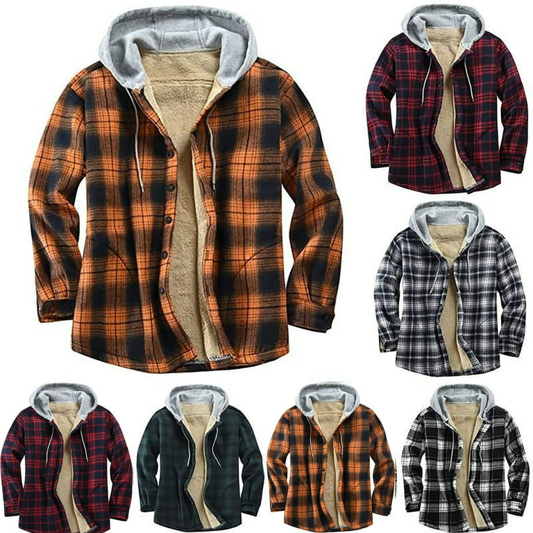 Men's Plaid Flannel Shirt Jacket Fully Quilted Lined 5 Pocket Warm Zip-Up  Hoodie
