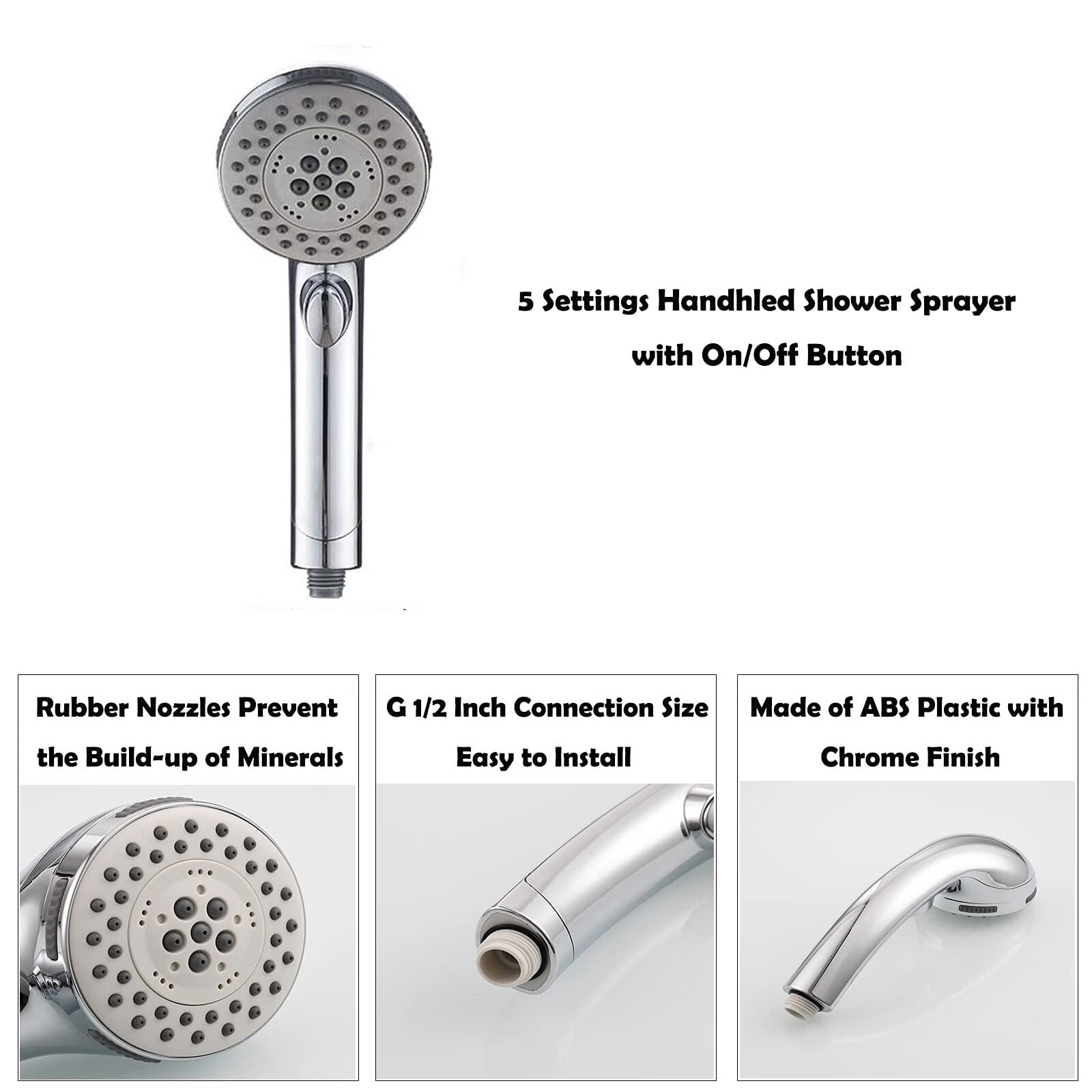 On/Off Shower Head RV ABS,High Pressure 5 Setting Hand Held Shower Head with Hose and Holder,Chrome