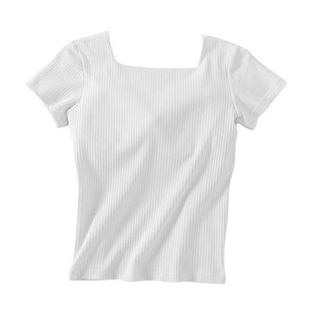 UYISJ Women s Tops Short Sleeves Square Neck With Built in Bra Shirt Padded Tops Soft Fitted Top