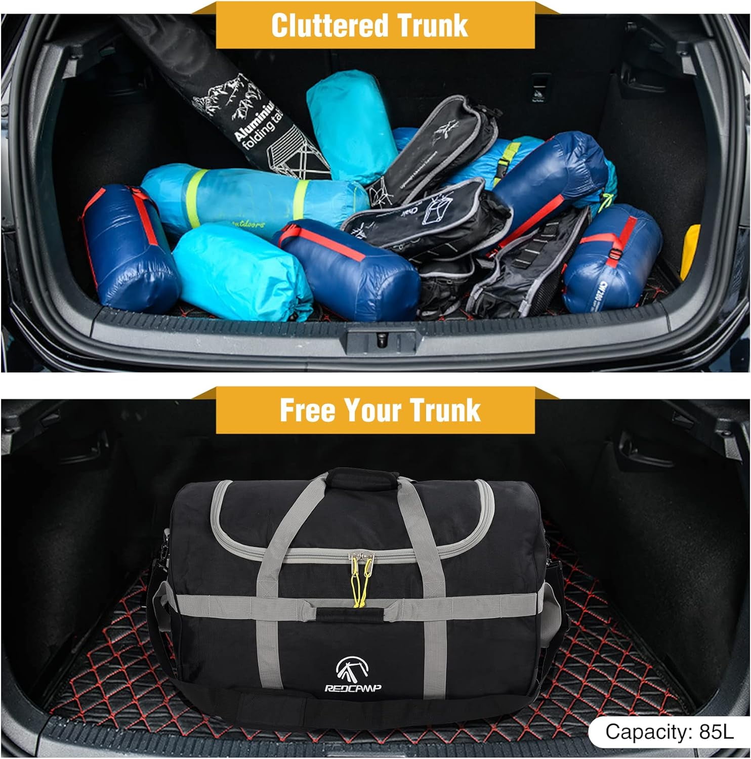 REDCAMP 85L Foldable Duffle Bag with Wheels 26", 1680D Oxford Collapsible Large Duffel Bag with Rollers for Camping Travel Gear, Gray