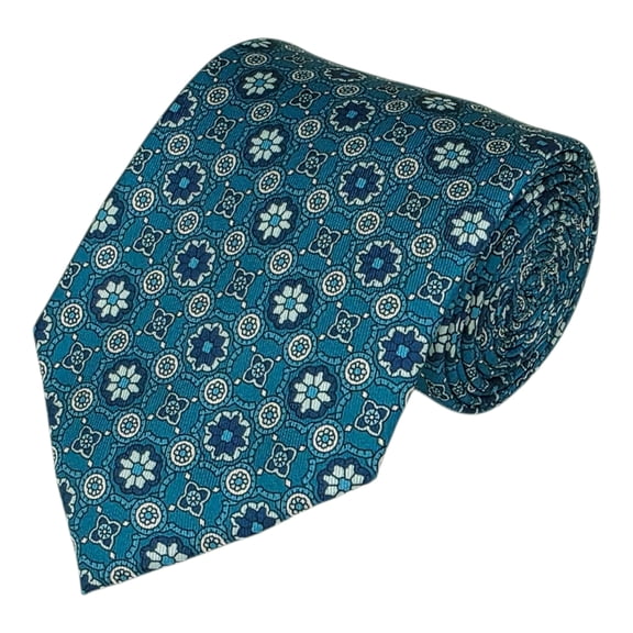 Romario Manzini Navy, Cream and Teal Geometric Floral Medallion PRINTED DESIGN TIE