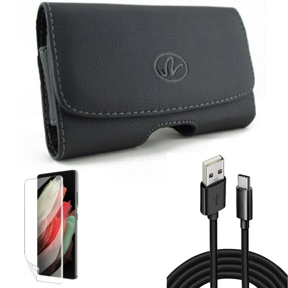 Matte Screen Protector & Case Belt Clip & 10ft USB Cable for Samsung Galaxy S22 Plus (S22 ) - Combo TPU Film Anti-Glare & Leather Swivel Holster & Type-C Charger Cord Power