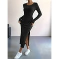 thumbnail image 5 of Women'S Fall Long Sleeve Casual Ribbed Knit Slim Fit Elegant Crew Neck Side Slit Maxi Dresses Black S, 5 of 9