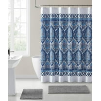 Serafina Home Bohemian Style Fabric Shower Curtain for Bathroom Kaleidoscope Design in Navy Teal Aqua Gray White 72IN x72 INNavy
