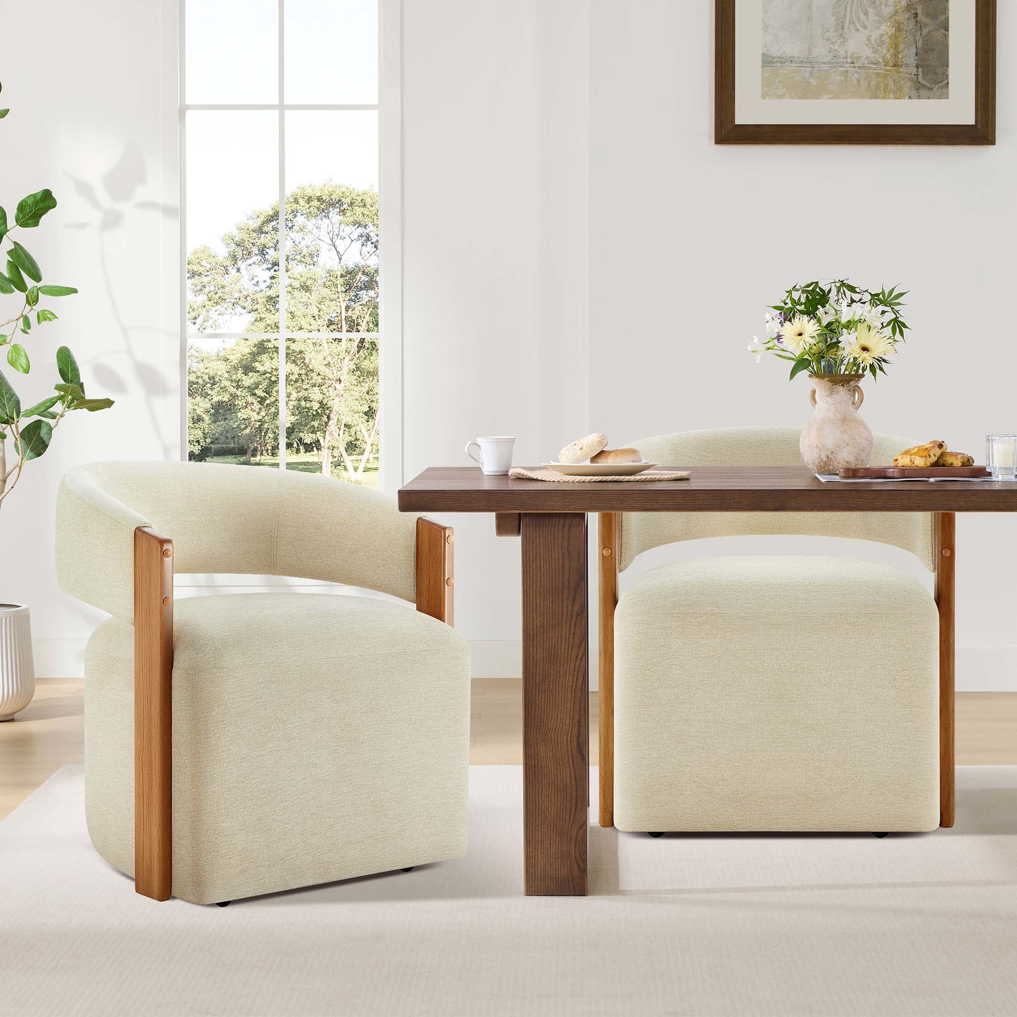 Spruce & Spring Upholstered Dining Chair with Wooden Armrests and Rolling Casters Single, Beige Sand