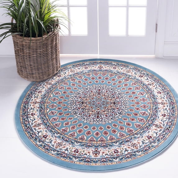 Rugs.com Rabia Collection Rug – 10' Round Blue Low Rug Perfect For Kitchens, Dining Rooms