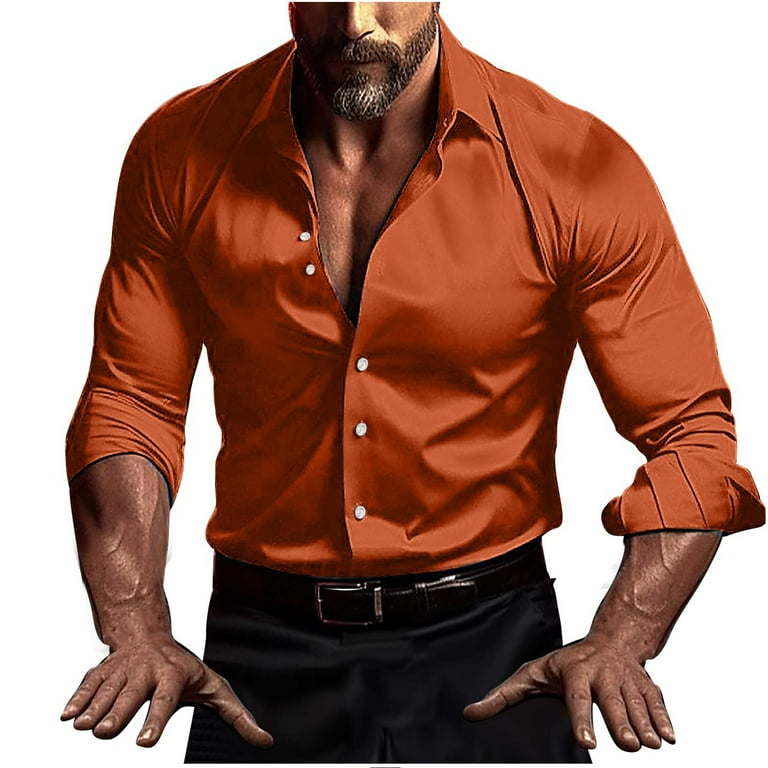 Plain Gold T Shirt LNWUY (S-5XL) Big And Tall Mens Stretch Dress Shirts  Solid Long