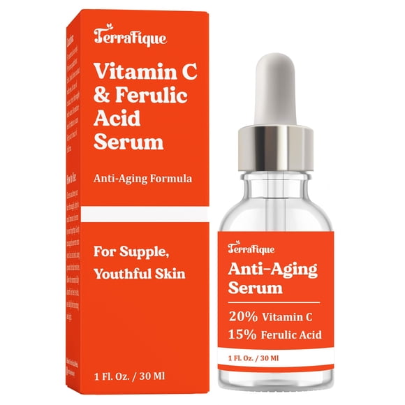 Terrafique Vitamina C E Suero de ácido ferúlico - Suero potenciador de vitamina C - Suero antienvejecimiento de vitamina C con niacinamida - Suero hidratante para todo tipo de piel - 1 fl oz