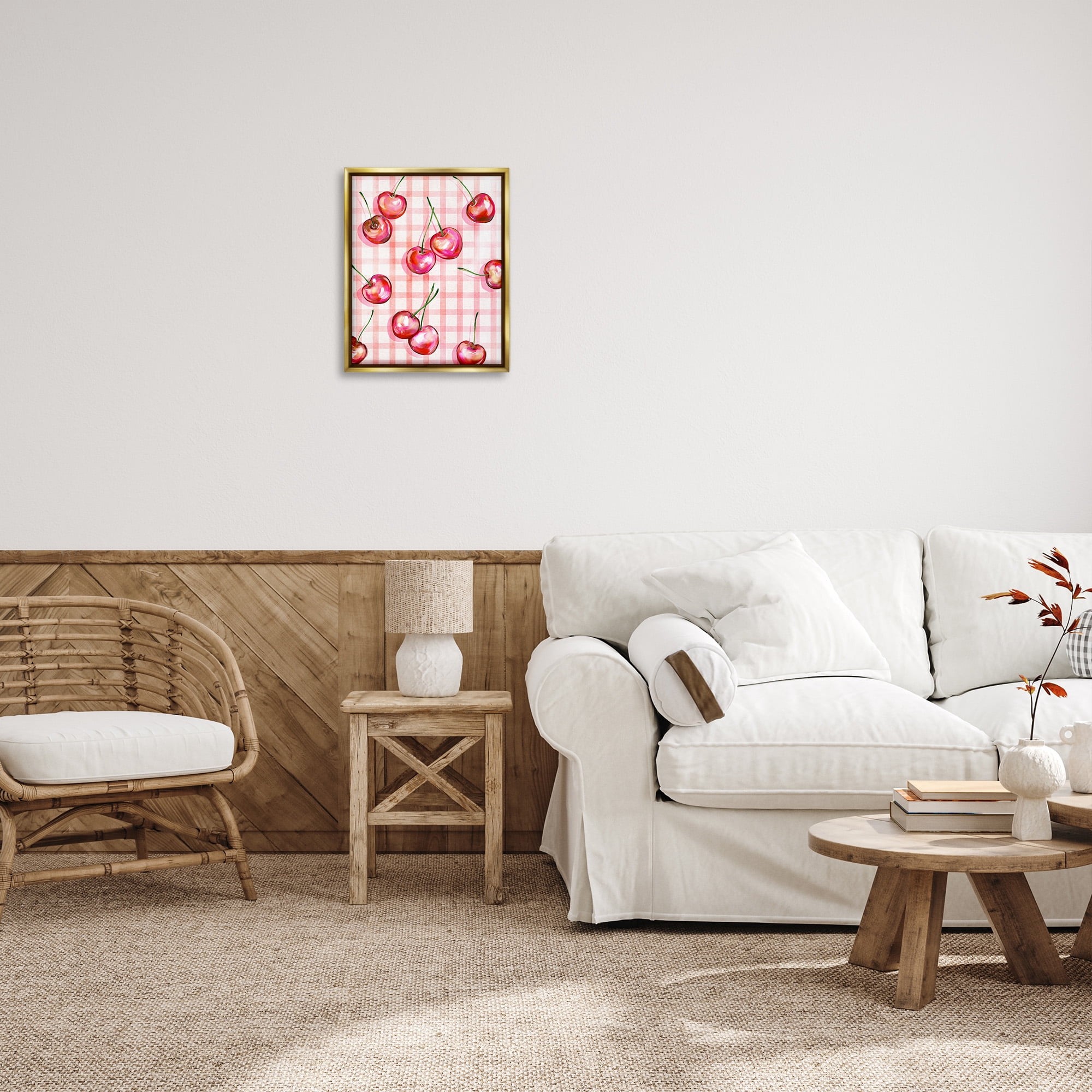 Stupell Industries Gingham Pattern Cherries Food & Beverage Painting Gold Floater Framed Canvas Art Print Wall Art, 17 x 21