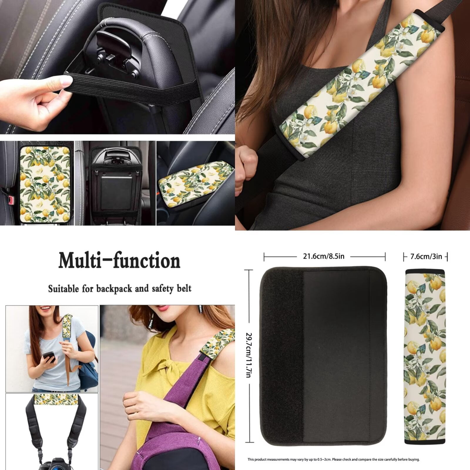 Garronmavis Lemon 13 Pcs Car Accessories Full Set Car Seat Covers Steering Wheel Cover,Armrest Cover Pad ,Key Chain,Chapstick,Car Coasters,Seat Belt Pads