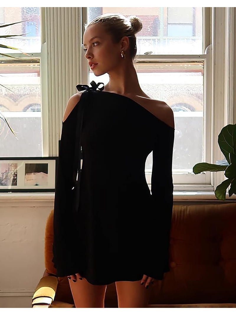 Women's Shoulder Tie Long Sleeve Asymmetrical Dress Boat Neck Mini Cocktail  Dresses
