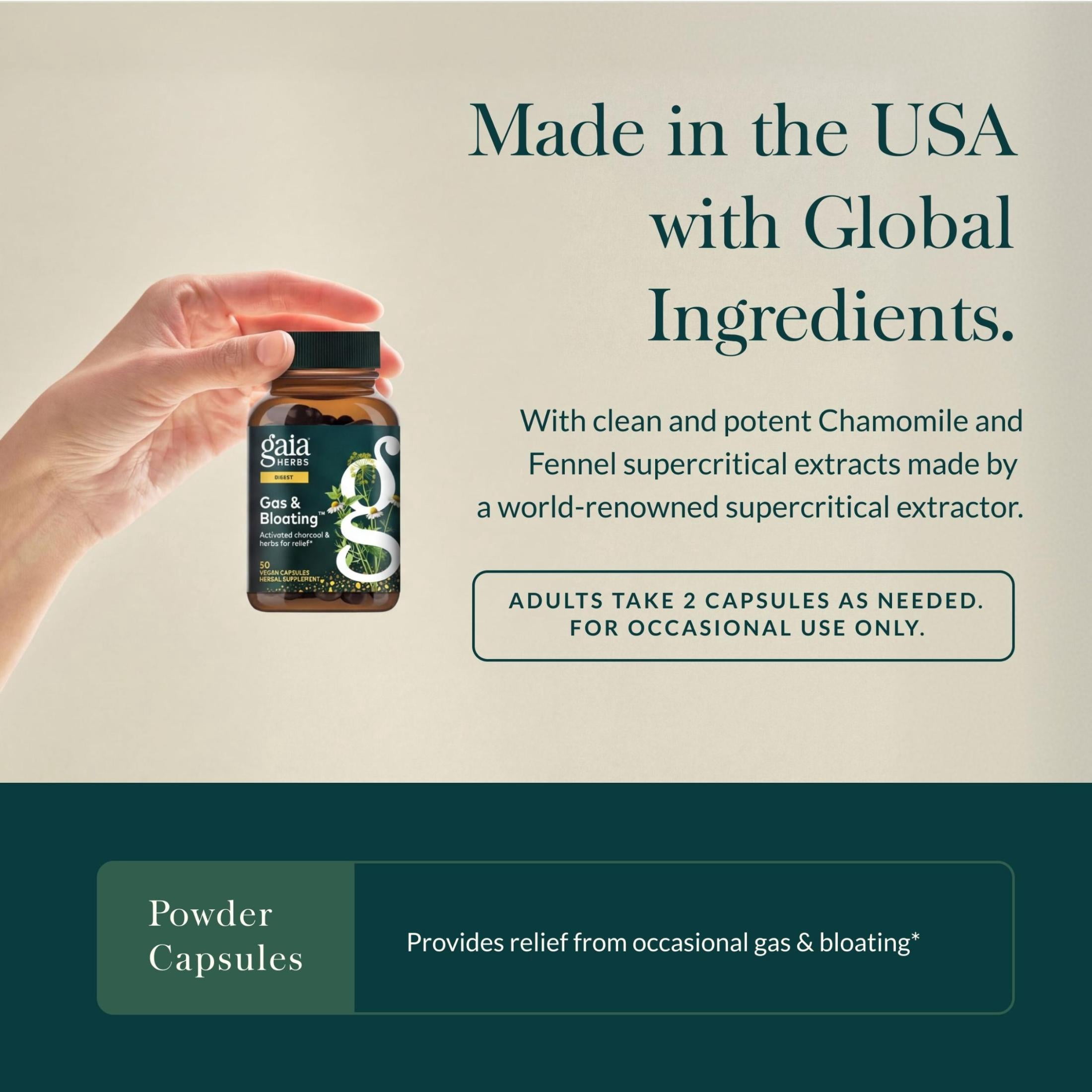 Gaia Herbs Gas & Bloating - Provides Relief from Occasional Gas & Bloating* - With Activated Charcoal, Fennel & Chamomile - 50 Vegan Capsules (25 Servings)