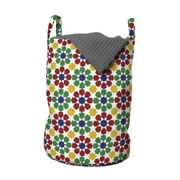 Colorful Laundry Bag, Moroccan Star Zellige Pattern in Vibrant Colors Mosaic Traditional, Hamper Basket with Handles Drawstring Closure for Laundromats, 13" x 19", Multicolor, by Ambesonne