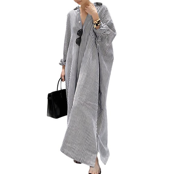 Women'S Casual Long Sleeve Button Down Loose Striped Maxi Shirt Dress Black XL