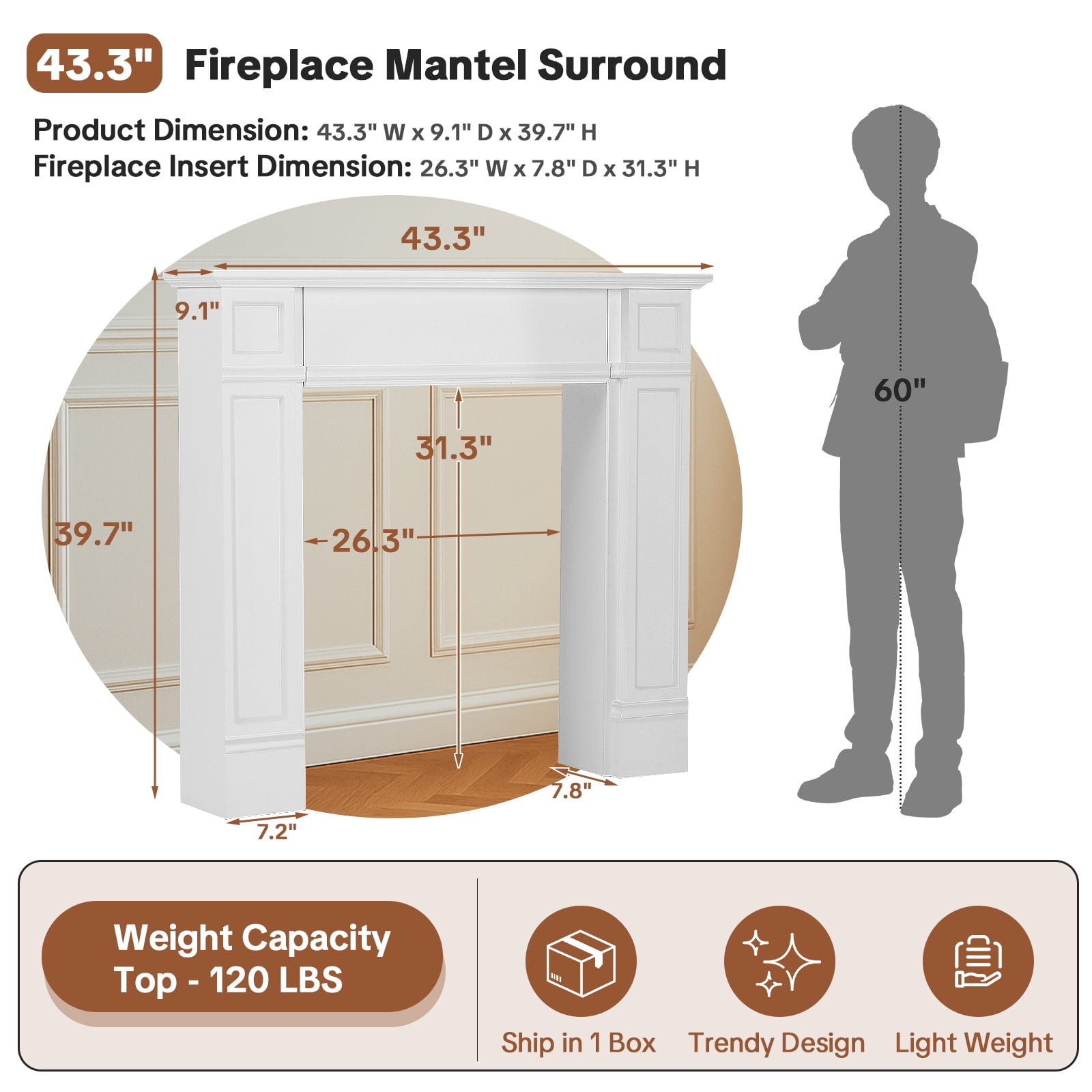 OUINCH 43.3" Fireplace Mantel, Freestanding Fireplace Surround with Leg for Electric Fireplaces, MDF Mantel Surround with Shelf for Living Room with Decorative Pattern, Anti-Tipping & Waterproof