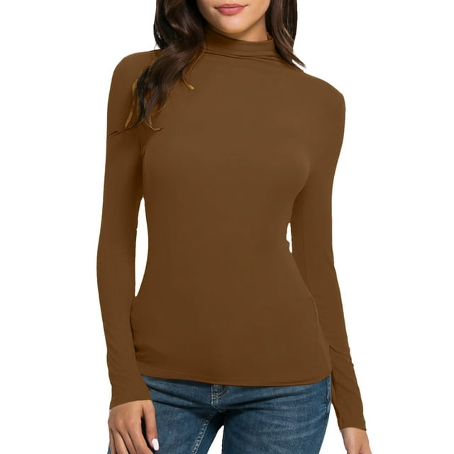Bowake Women's Turtleneck Long Sleeve Undershirt Casual Slim Fit Basic Tee Stretch Solid Color Pullover Layering Tops