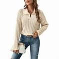 thumbnail image 3 of Womens Cable Knit Sweaters Long Sleeve V Neck Sweater Tops Casual Pullover Shirts Fall Fashion Outfits Apricot S, 3 of 7