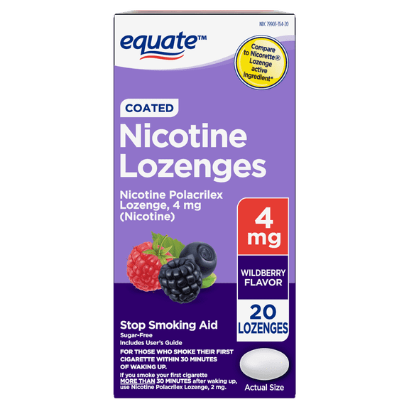 Equate Nicotine Polacrilex Coated Lozenge, 4 mg, Wildberry Flavor, Stop Smoking Aid, 20 Count