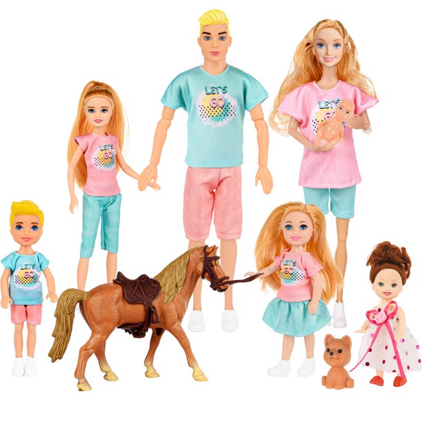 Set de muñecas familiares TREKFOX con perro y caballo embarazada para mamá, papá y 4 niños