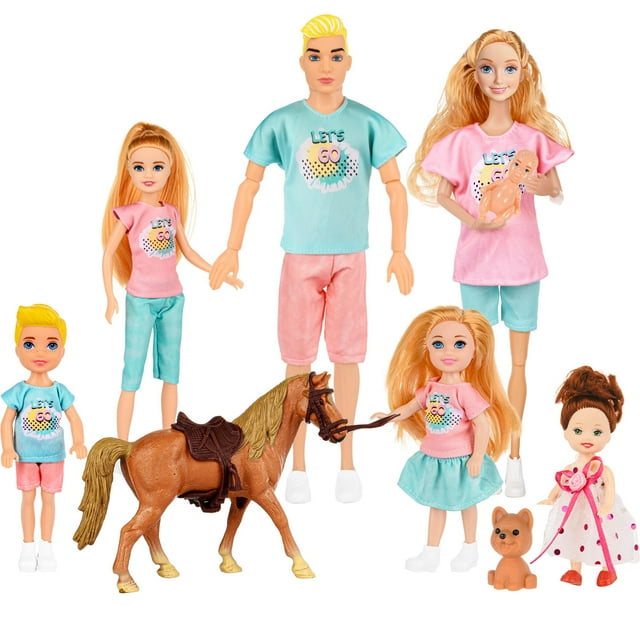 Set de muñecas familiares TREKFOX con perro y caballo embarazada para mamá, papá y 4 niños
