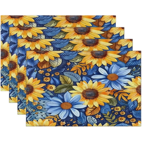 Watercolor Sunflowers Pattern Placemats Set of 4 Linen Fabric Place Mats Heat Resistant Machine Washable Placemats Non-Slip Place Mat for Kitchen Dining Table