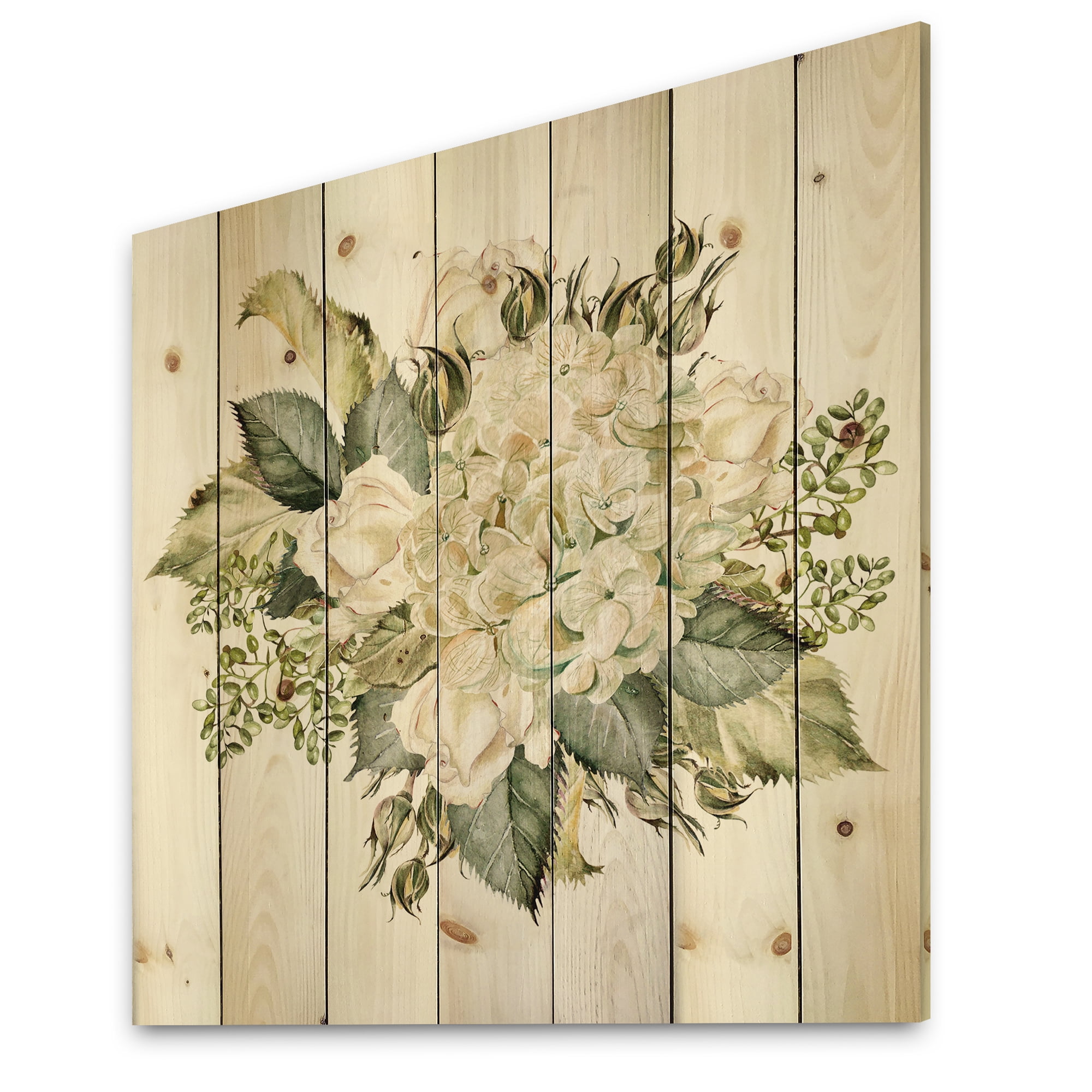 Designart 'Beautiful Bouquet With Roses and Hudrangea' Farmhouse Print on Natural Pine Wood