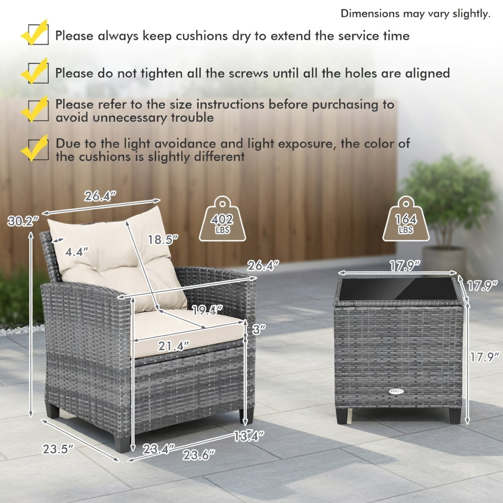 Hommoo 3-Piece Outdoor Wicker Conversation Set, PE Rattan Sofa & Tempered Glass Coffee Table with Weather-Resistant Cushions, White