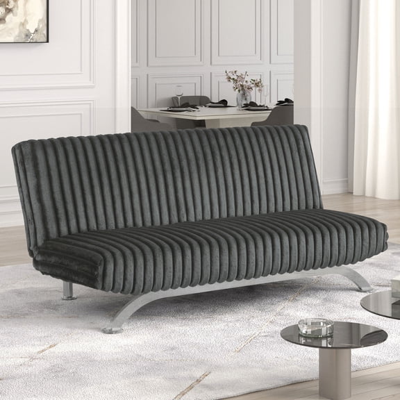 Miekor Furniture Charcoal Finish Contemporary Style Futon Sofa Bed Convert Into Bed With Hidden Support Metal Leg chrome Finish Base Legs MK4566