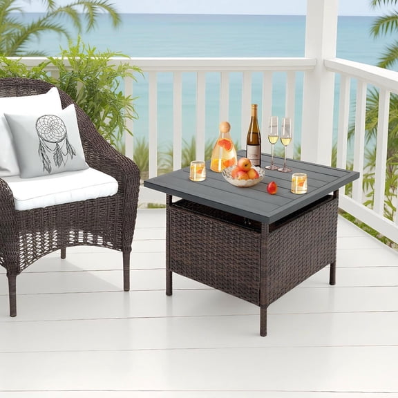Barara King Patio Side Tables,Patio Square Wicker Side Table with Umbrella Hole for Yard Garden Poolside