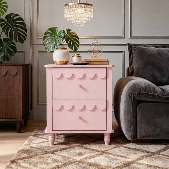 Pink Nightstand Side End Table with 2 Drawers, Modern Night Stand with Petal Pattern for Bedroom, Scalloped Bedside Night Table with Solid Wood Legs