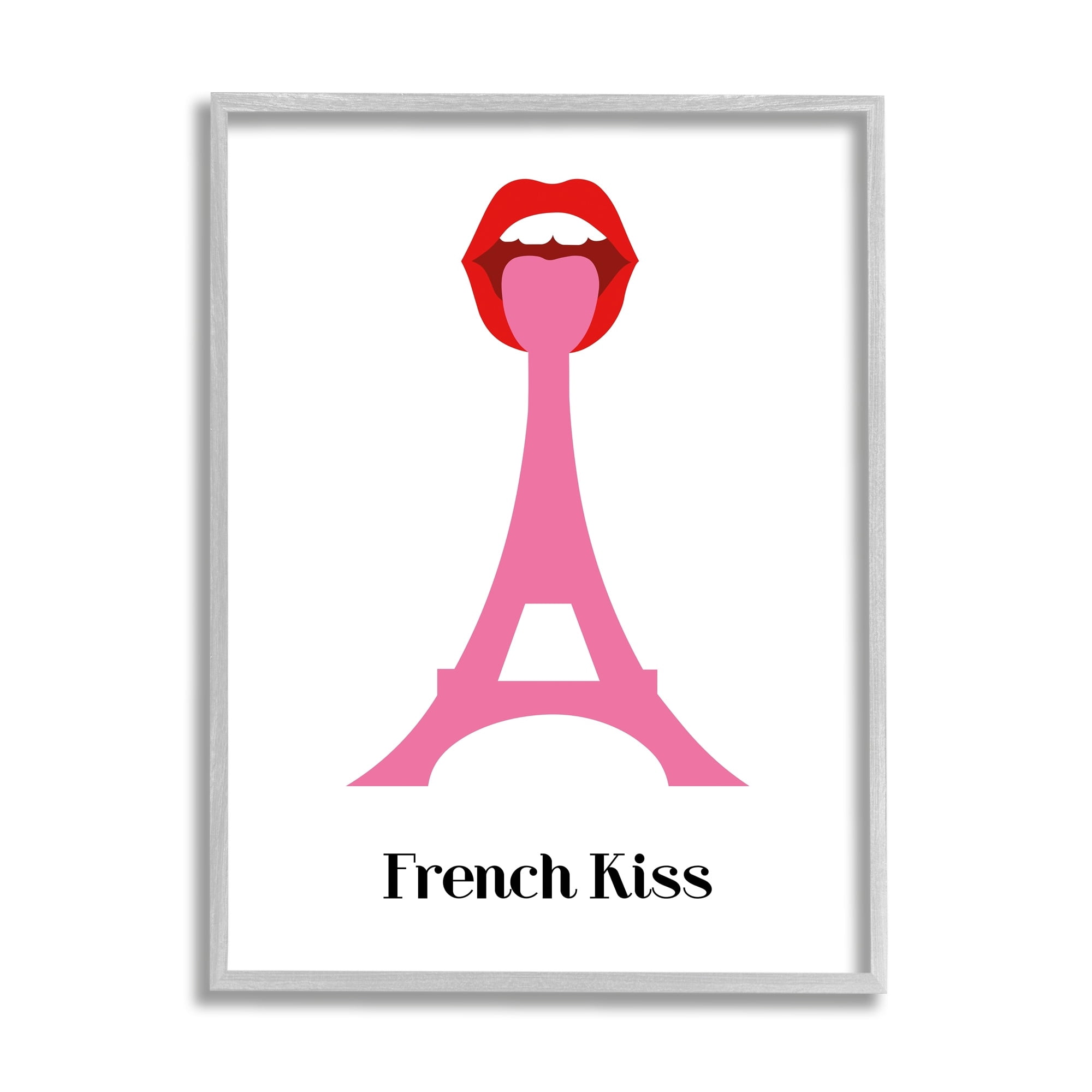 Stupell Industries French Kiss Red Lips over Pink Eifel Tower Abstract Painting Black Framed Art Print Wall Art, 24 x 30