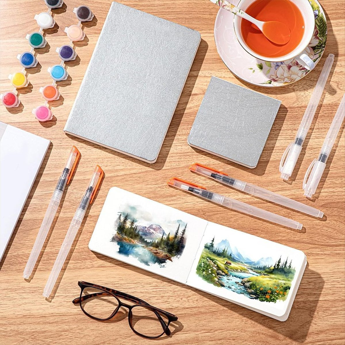 3 Pcs Watercolor Paper Sketchbook with 6 Pcs Watercolor Brush Pens 3 Size Watercolor Journal 300GSM Cotton Paper