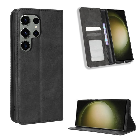 SaniMore Samsung Galaxy S23 Ultra 6.8" 2023 Case, Magnetic Folio PU Leather Cover with Card Slots Cash Pocket Stand Feature Full-body Protctive Shockproof Anti-fall Business Wallet Retro Shell, Black
