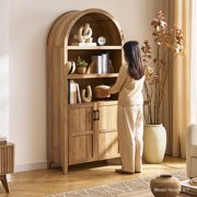 mopio Lauren 77.4 Tall Arched Cabinet, 5-Tier Arched Bookcase with Doors and Adjustable Shelves, Arched Bookshelf with Storage, Kitchen Pantry Cabinet, Wooden Storage Cabinet for Living Room (Oak)