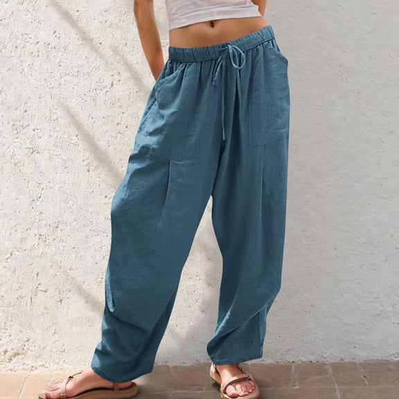 Ailaofu Women Linen Baggy Harem Pants Summer Drawstring Casual Lounge Pant 2026 Beach Travel Vacation Clothes with Pockets