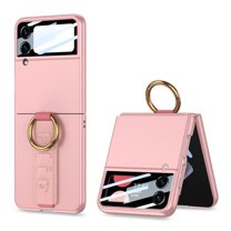 ELEHOLD Ring Case for Samsung Galaxy Z Flip 3 Case with Small Front Screen Protector, Ultra Slim Matte PC Protective Cover with Ring Holder Wristband Shockproof Case for Samsung Z Flip3 2021,Pink