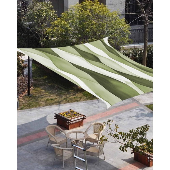 Sage Green Stripes Sun Shade Sail 12'x16' Rectangle Outdoor Shade Canopy, Retro Farmhouse Abstract Ripple Porch Shades Outdoor Sun Blocking Screen, Sunshade Cloth Covers for Patio/Deck/Garden