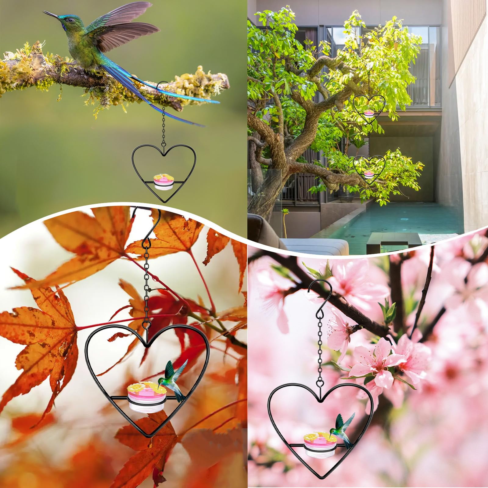3 Pcs Hummingbird Feeders for Outdoors Hanging, Metal Nectar Feeders Circular Heart for Outdoors Hanging Ant and Bee Proof for Outside Garden, Backyard, Patio & Deck (Heart Shaped)
