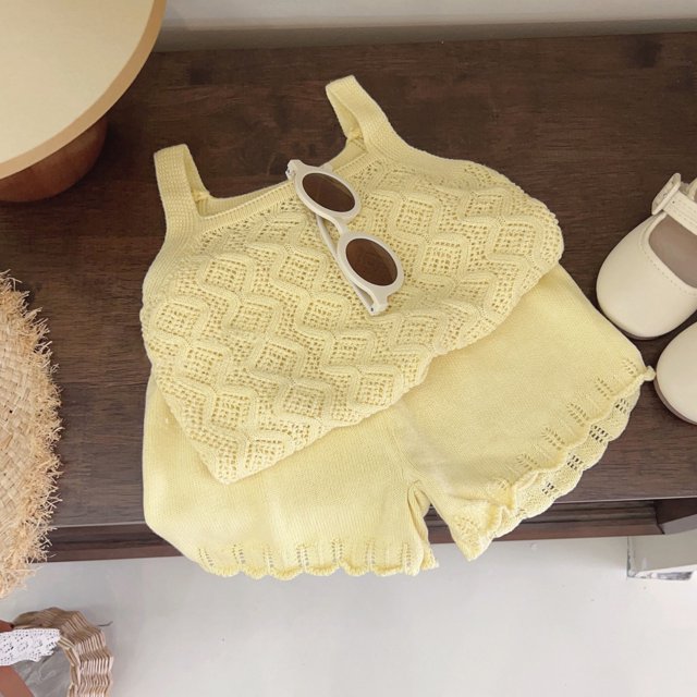 Girl's Clothing Sets 2023 Summer Korean Thin Knitted Girl Set Children Hollow Breathable Vest + Wide Leg Pants Two-piece Suit