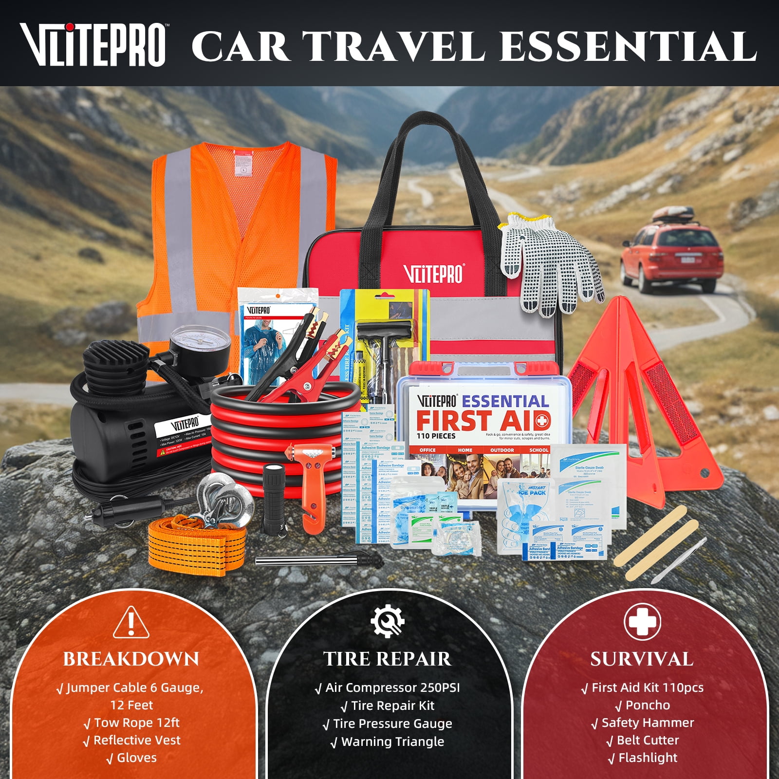 Roadside Emergency Car Kit with Portable Air Compressor & Jumper Cables, for Women, Men, Teens