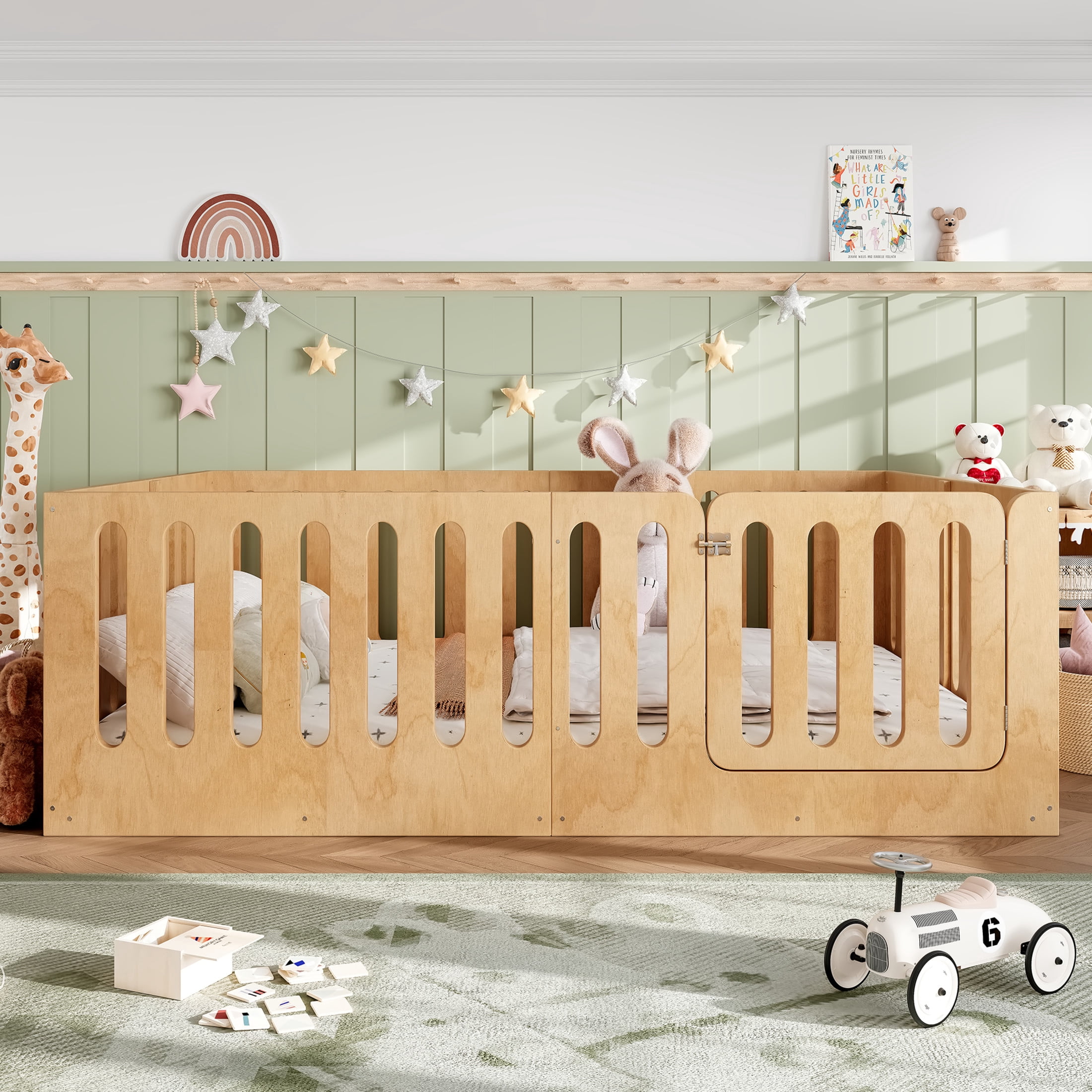 Noble House Queen Size Montessori Floor Bed with High Fence, Solid Wood Kids Bed Frame, Natural