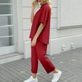 thumbnail image 6 of QATAINLAV Womens Half Sleeve Crew Neck Pullover Tops and Cropped Wide Leg Pants 2 Piece Outfits Fall Comfy Lounge Set, Red, XL, Gifts for Mom, 6 of 10