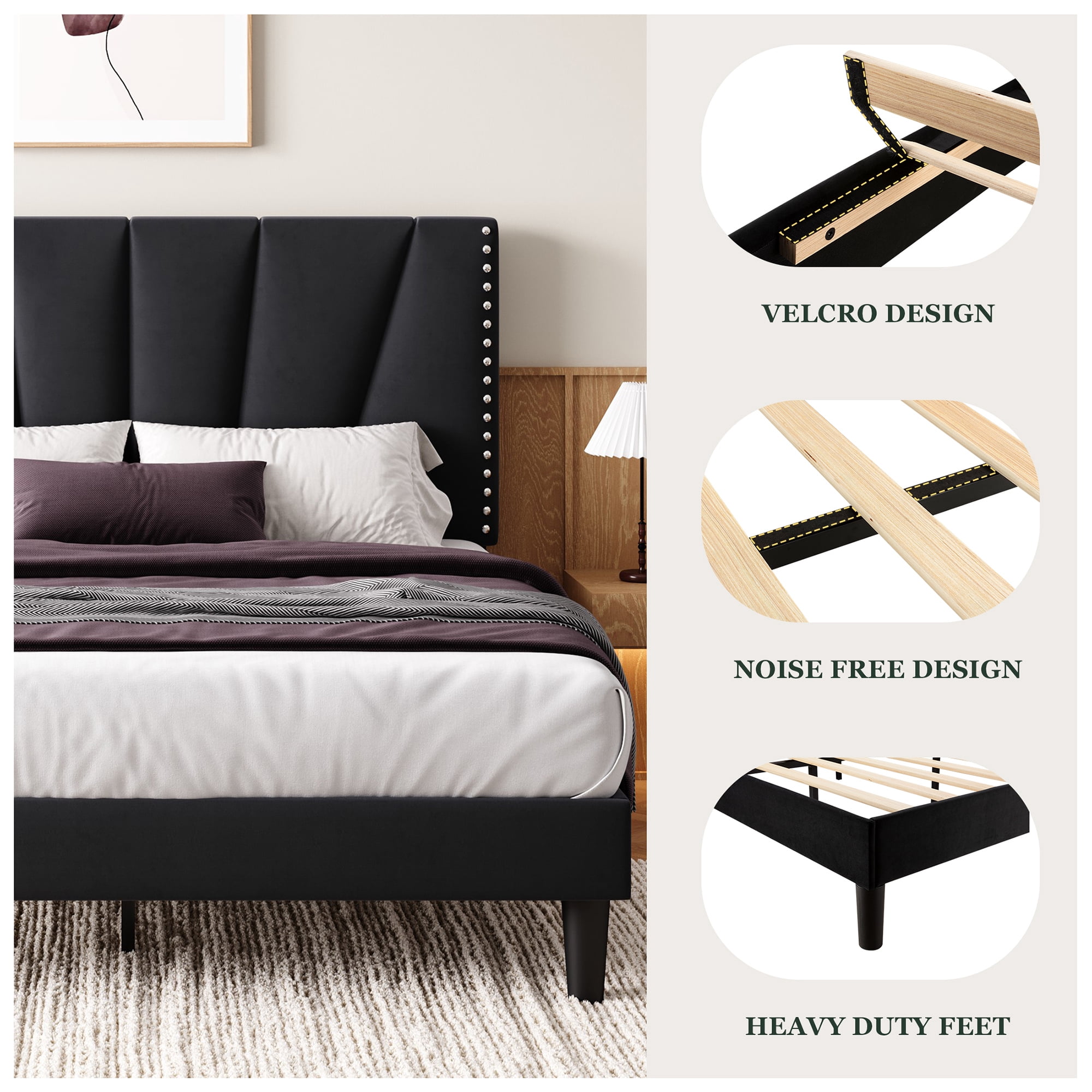 Einfach King Size Premium Velvet Upholstered Platform Bed Frame with Adjustable Headboard,Under-Bed Storage,Heavy-Duty Metal Support, Noise-Free Slats, Black