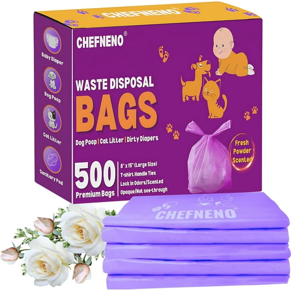 Disposable Baby Diaper Bags (500 Bags) Fresh Powder Scented Easy Tie Handles epi Eco-Friendly Diaper Disposable Sacks Dog Poop Bags Cat Litter Waste Bags (Fresh Powder, 500 ct.)